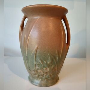 McCoy Pottery Vintage Matte Leaves And Berries Handle Vase Brown Green 1930s